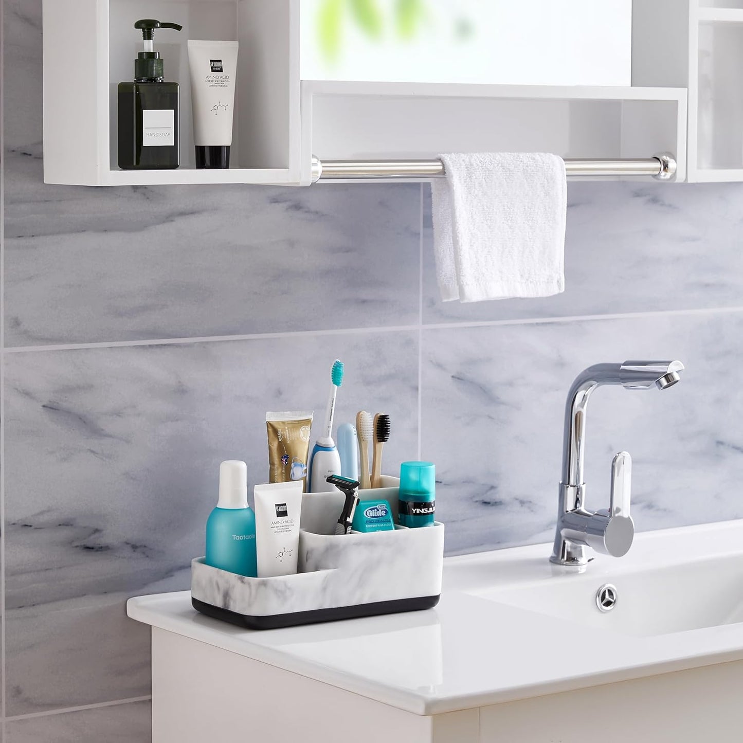 Toothbrush Holders Organizer - Make up Organizers and Storage, Multi-Functional Design Bathroom Organizer Toothbrush - Skincare Organizer - White Marble Look Bathroom Sink Organizer