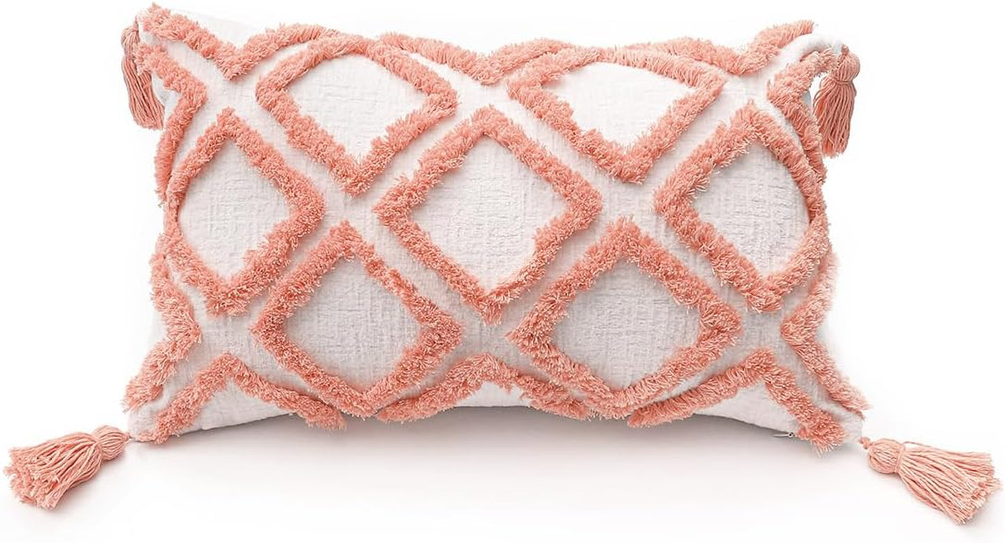 Boho Pink Lumbar Throw Pillow Cover 12X20 Inch with Tassels, Moroccan Tufted Cream Chenille Fabric Small Accent Textured Cushion Case for Bed Couch, 1 PC 30X50 Cm Bohopk-Dmd12X20