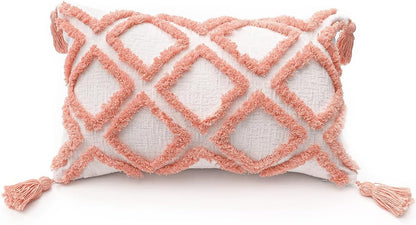 Boho Pink Lumbar Throw Pillow Cover 12X20 Inch with Tassels, Moroccan Tufted Cream Chenille Fabric Small Accent Textured Cushion Case for Bed Couch, 1 PC 30X50 Cm Bohopk-Dmd12X20